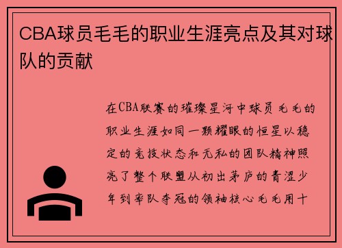 CBA球员毛毛的职业生涯亮点及其对球队的贡献